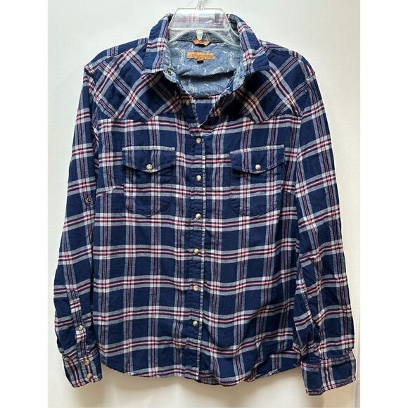Jach’s girlfriend BEA women’s blue flannel snap button up shirt size L #28-0731 - Picture 1 of 7